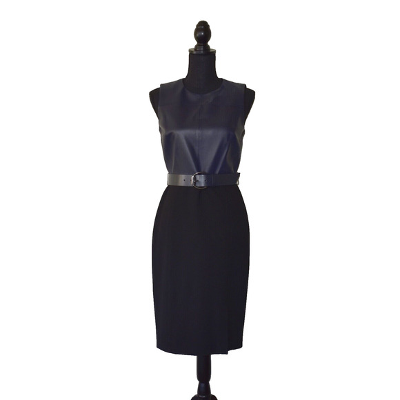 A8 Auth ELIE TAHARI Isadora Leather Combo Sleeveless Buckle Belted Dress Size 4 - Picture 1 of 5